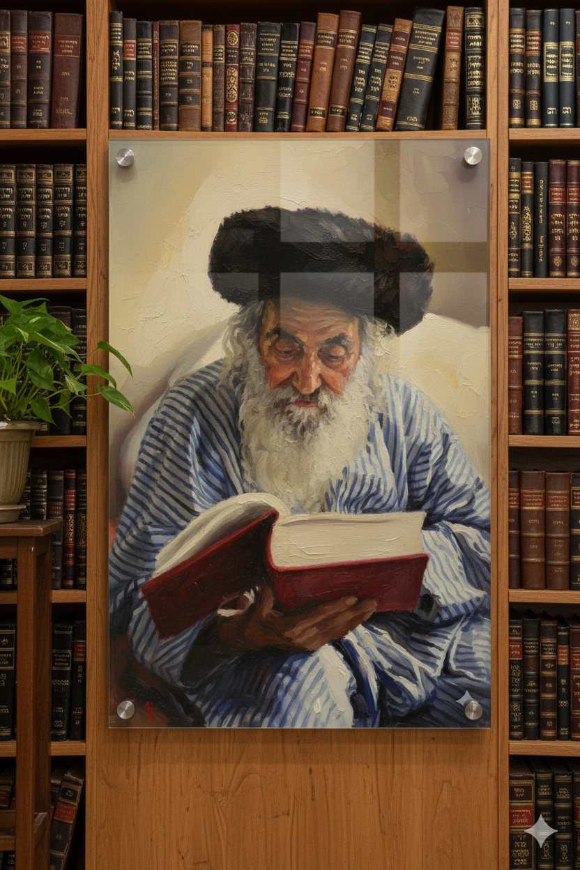 ציור שמן של רבי ישראל דב אודסר שקוע בלימוד בספר אדום על זכוכית או קנבס